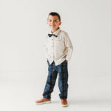 Three Little Tots Boys Blue Plaid Cord Set with Linen Shirt with Bow