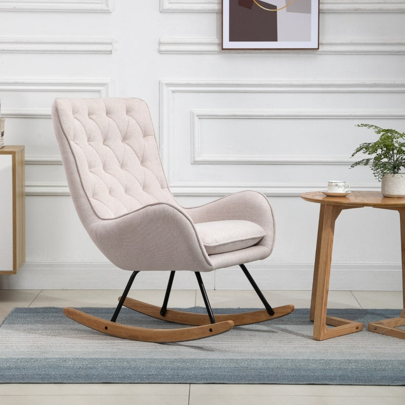 HOMCOM Mid-Century Fabric Nursery Rocker in Cream White