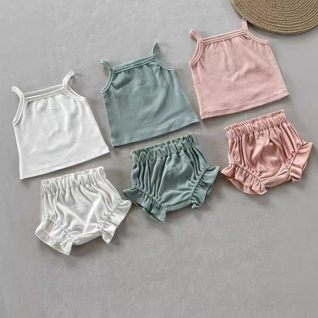 Summer Ribbed Tank Top and Ruffle Short Set