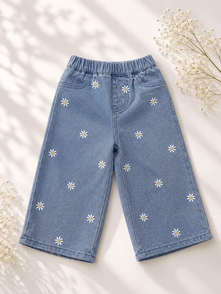 Daisy Mae Wide Leg Embroidered Jean - Light Wash