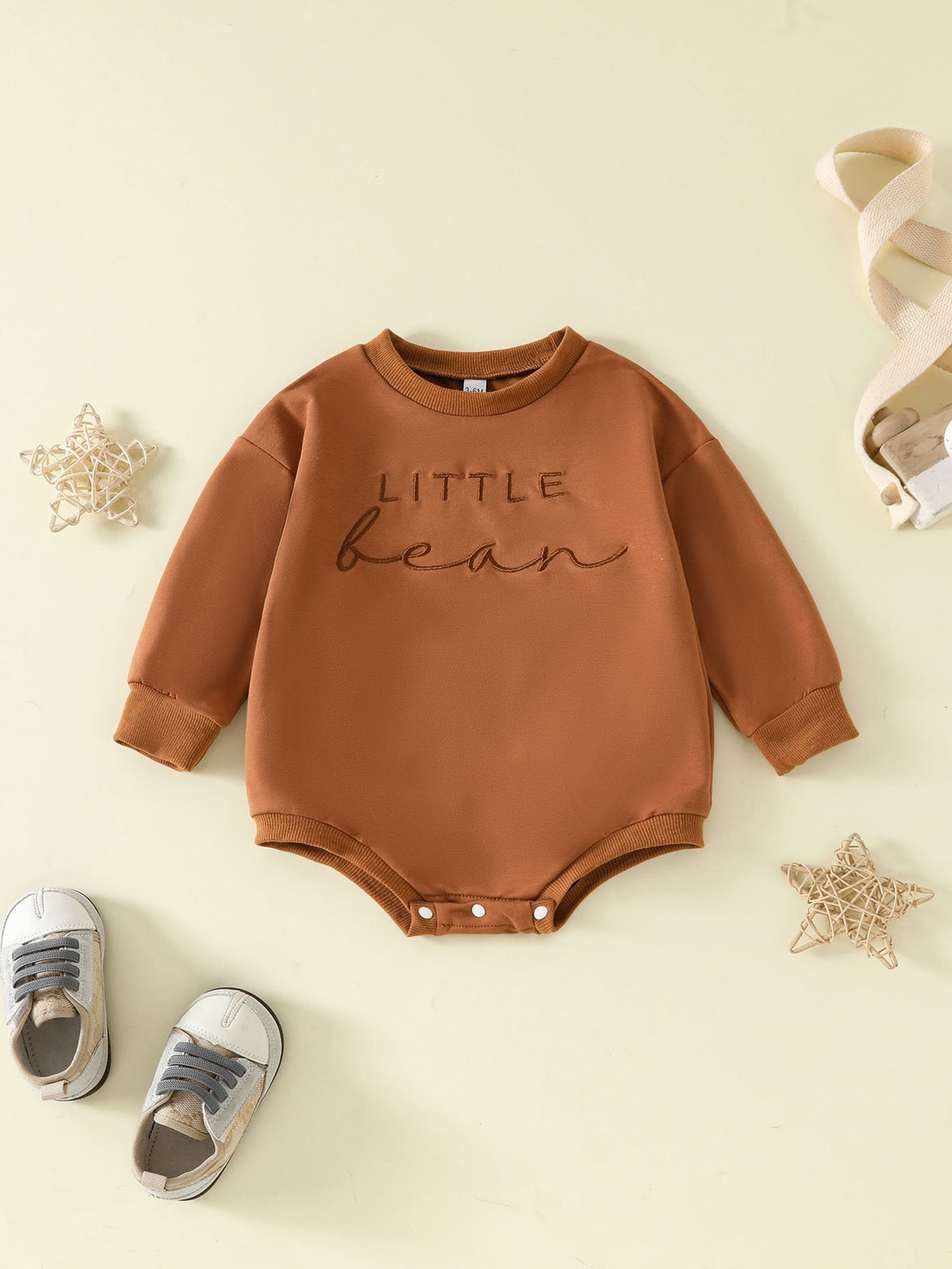 Three Little Tots Children Alphabet Embroidery Long-sleeve Jumpsuit, in Dark Brown