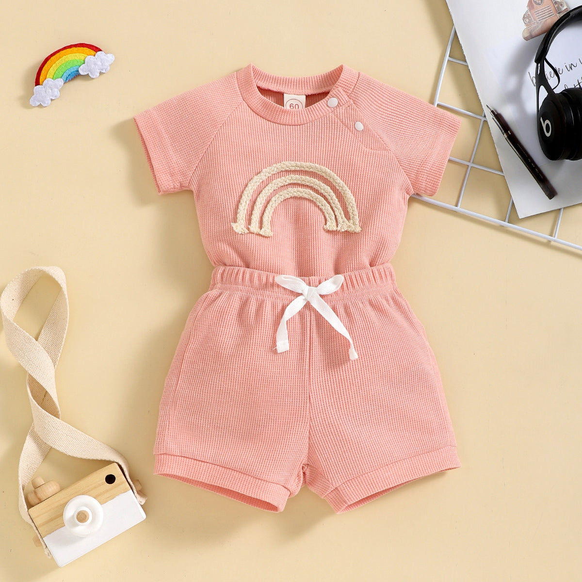 Rainbow Waffle Four-color Side Button Short Sleeve Baby Bodysuit Shorts Set