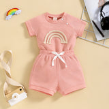 Rainbow Waffle Four-color Side Button Short Sleeve Baby Bodysuit Shorts Set