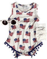 Dillon Pom Pom Romper - Patriotic Flags