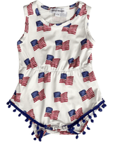 Dillon Pom Pom Romper - Patriotic Flags