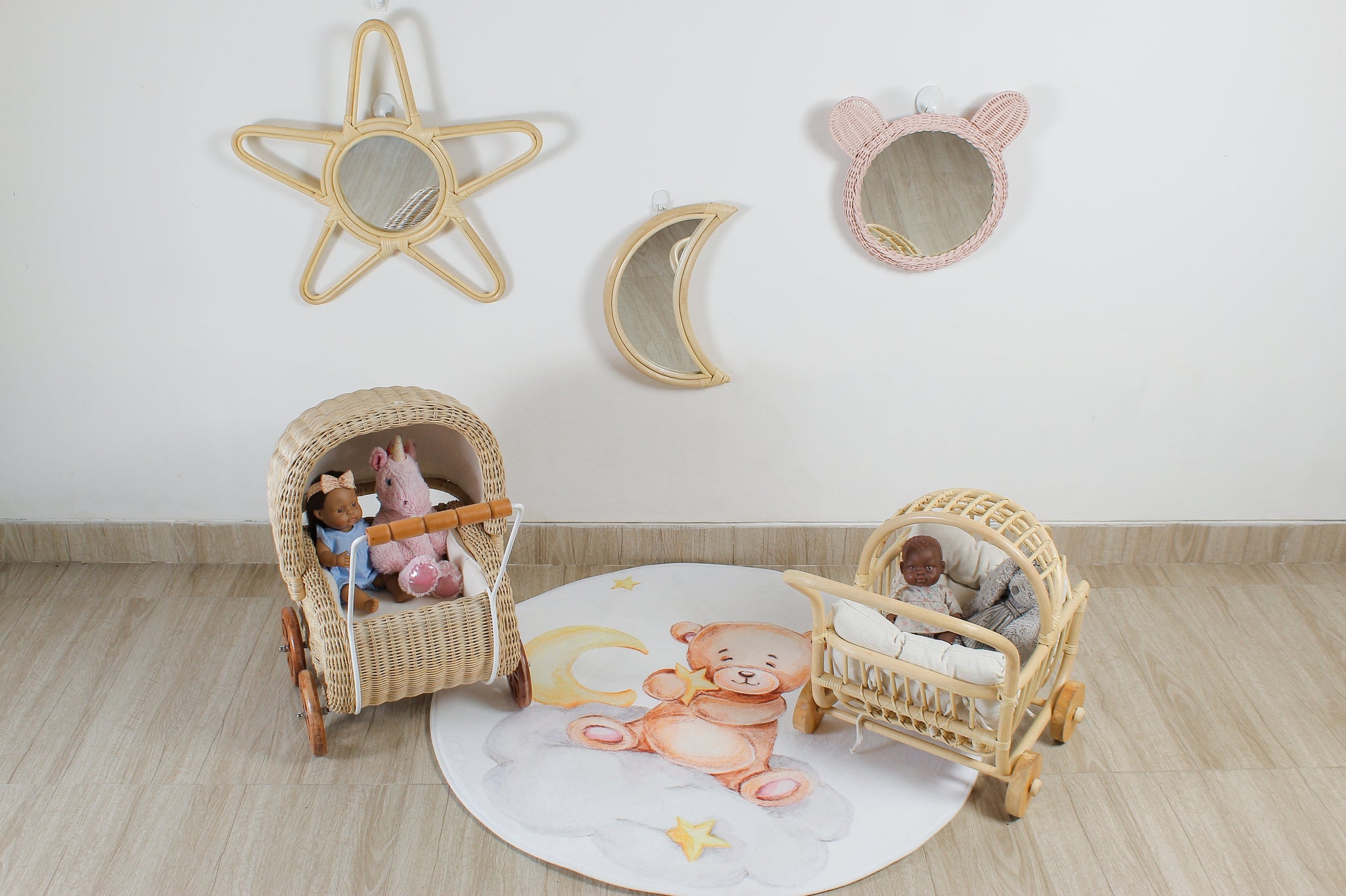 Rattan Doll Stroller – Handmade Boho Doll Pram for Imaginative Play