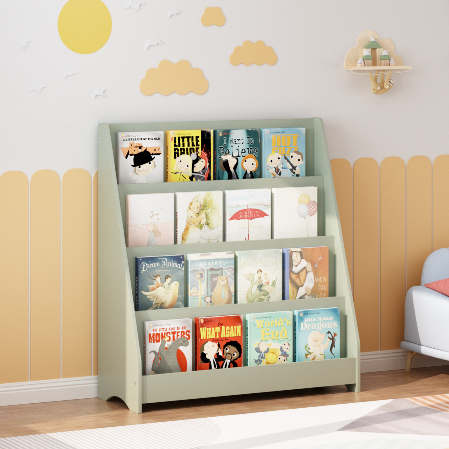 MOONRIVER 4-Tier Kids Bookshelf, Toddler Book Display Shelves, Sage (Open Box)