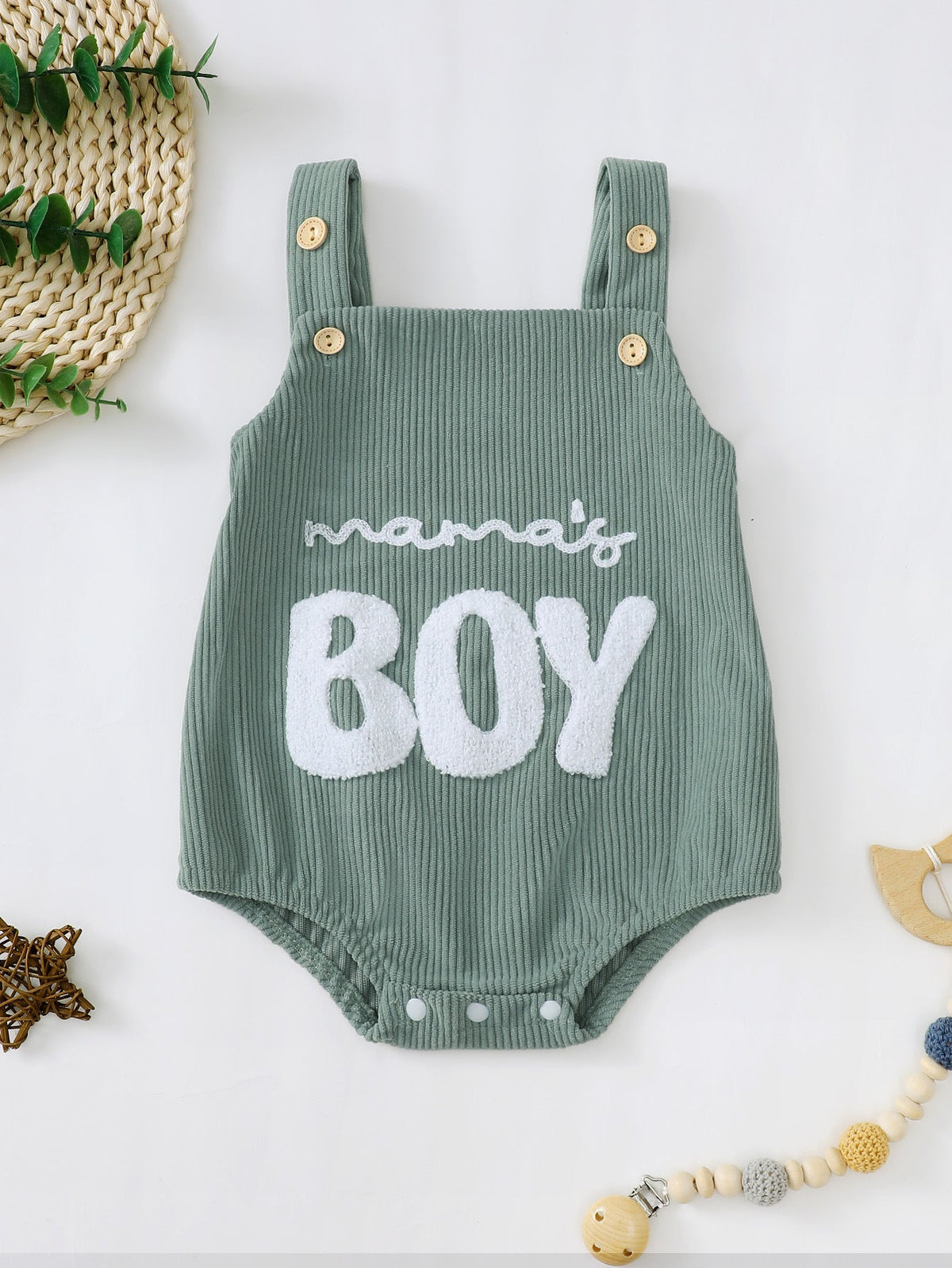 Three Little Tots Male And Female Baby Corduroy Suspender Towel Embroidery, in Olive Green