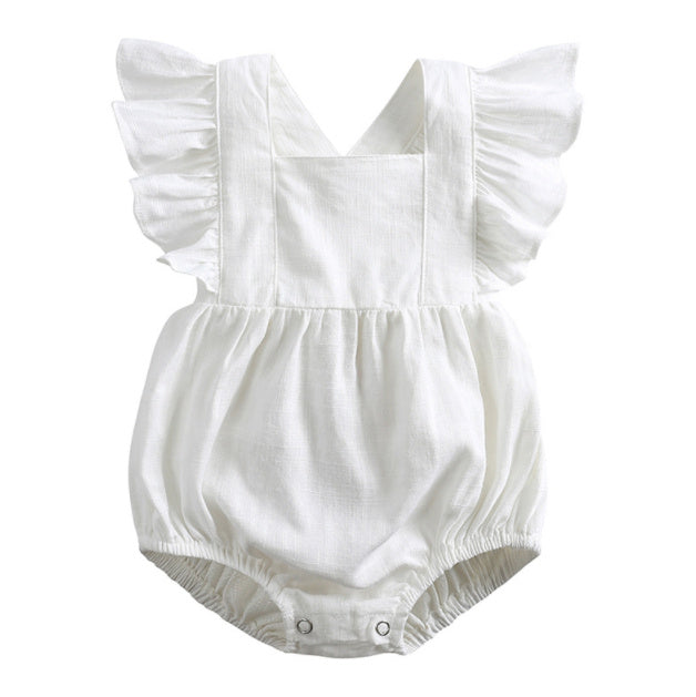 Three Little Tots Baby Cotton And Linen Summer Strap One Piece Suit, in White