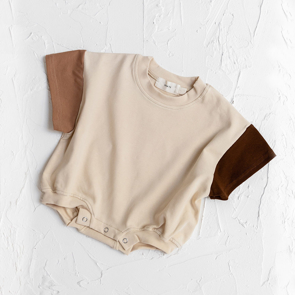 Three Little Tots Baby Boy Solid Color Stitching Triangle Short-sleeved Jumpsuit, in Apricot