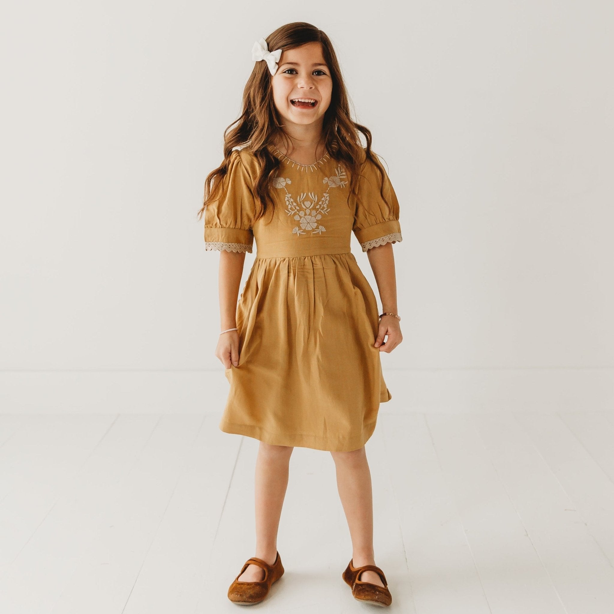 Three Little Tots Embroidered yoke with Puff Sleeves