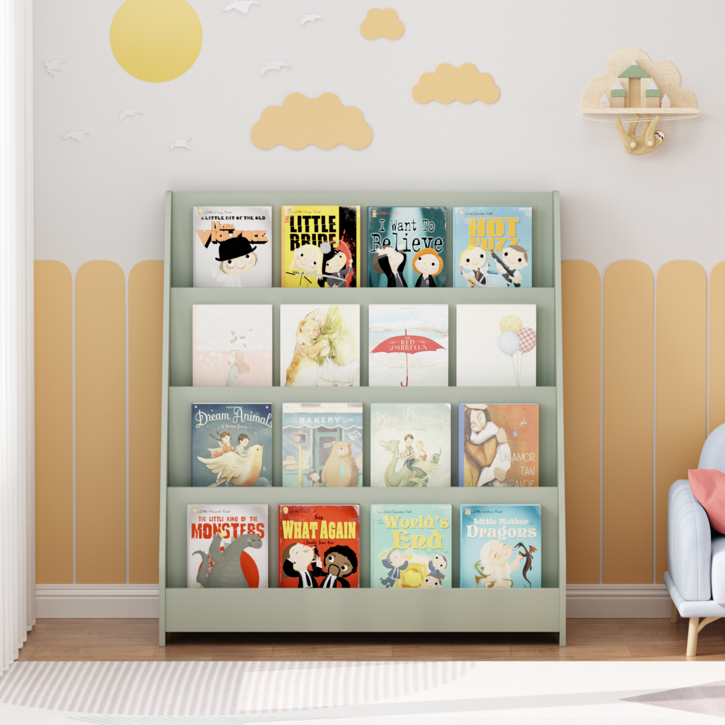 MOONRIVER 4-Tier Kids Bookshelf, Toddler Book Display Shelves, Sage (Open Box)