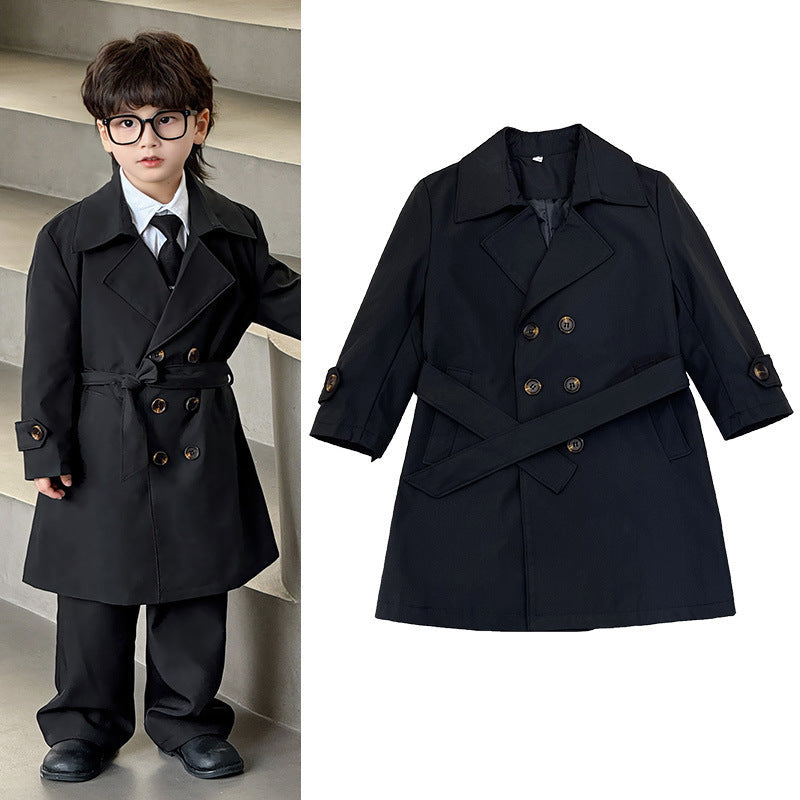Three Little Tots Children's Long British Coat Trendy Cool, in Black Trench Coat