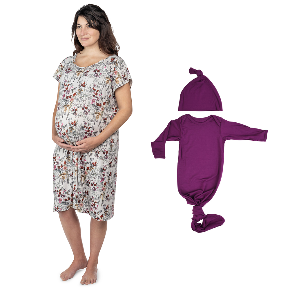 Floral Mommy & Me Matching Labor Gown and Newborn Knotted Baby Gown