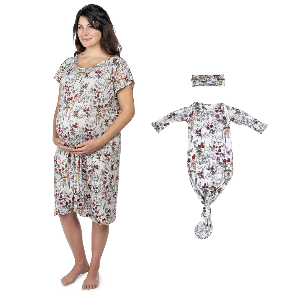 Floral Mommy & Me Matching Labor Gown and Newborn Knotted Baby Gown