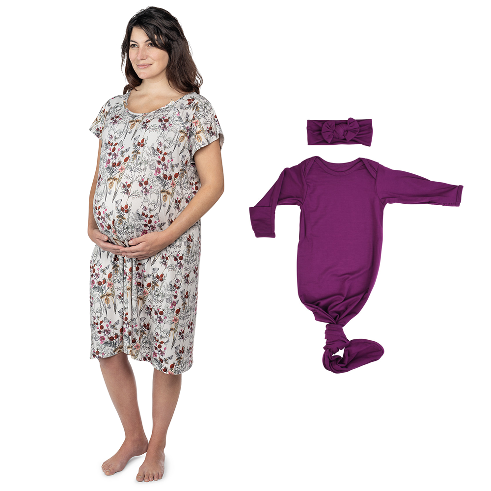 Floral Mommy & Me Matching Labor Gown and Newborn Knotted Baby Gown