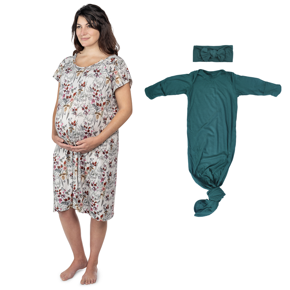 Floral Mommy & Me Matching Labor Gown and Newborn Knotted Baby Gown