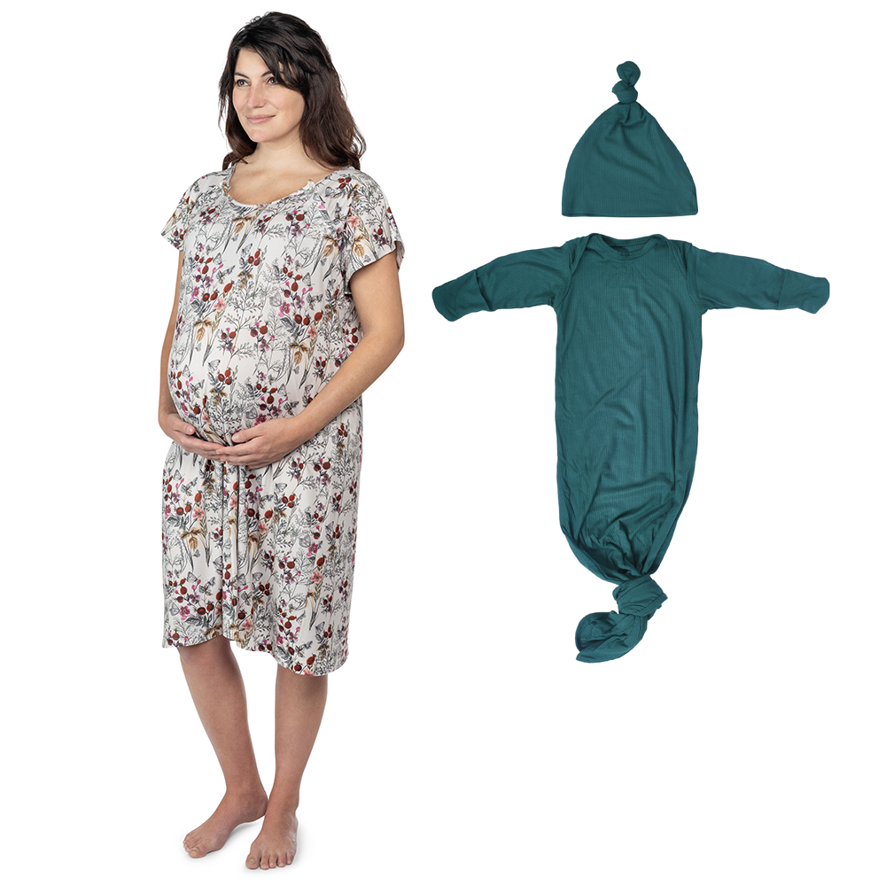 Floral Mommy & Me Matching Labor Gown and Newborn Knotted Baby Gown