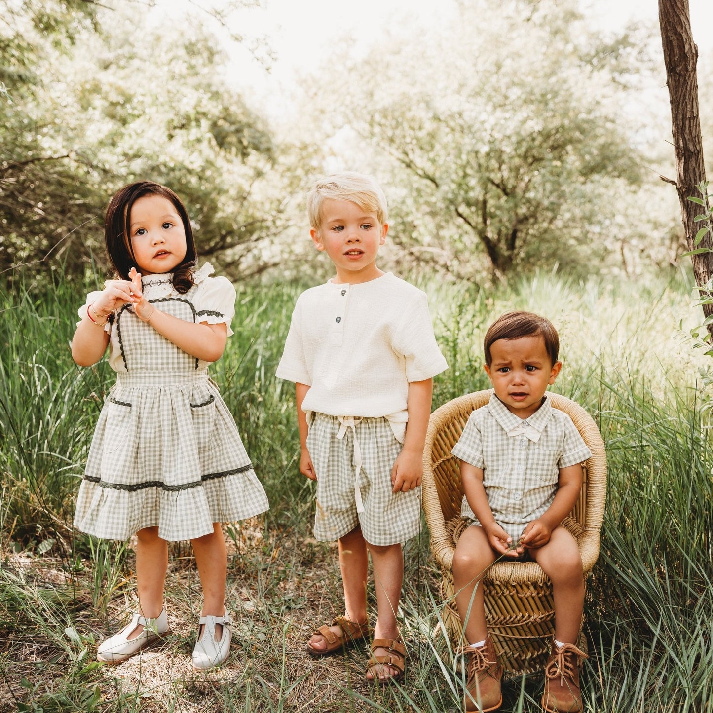 Three Little Tots Green Gingham Pinafore Set Girls' Embroidered Blouse and Dress, another angle