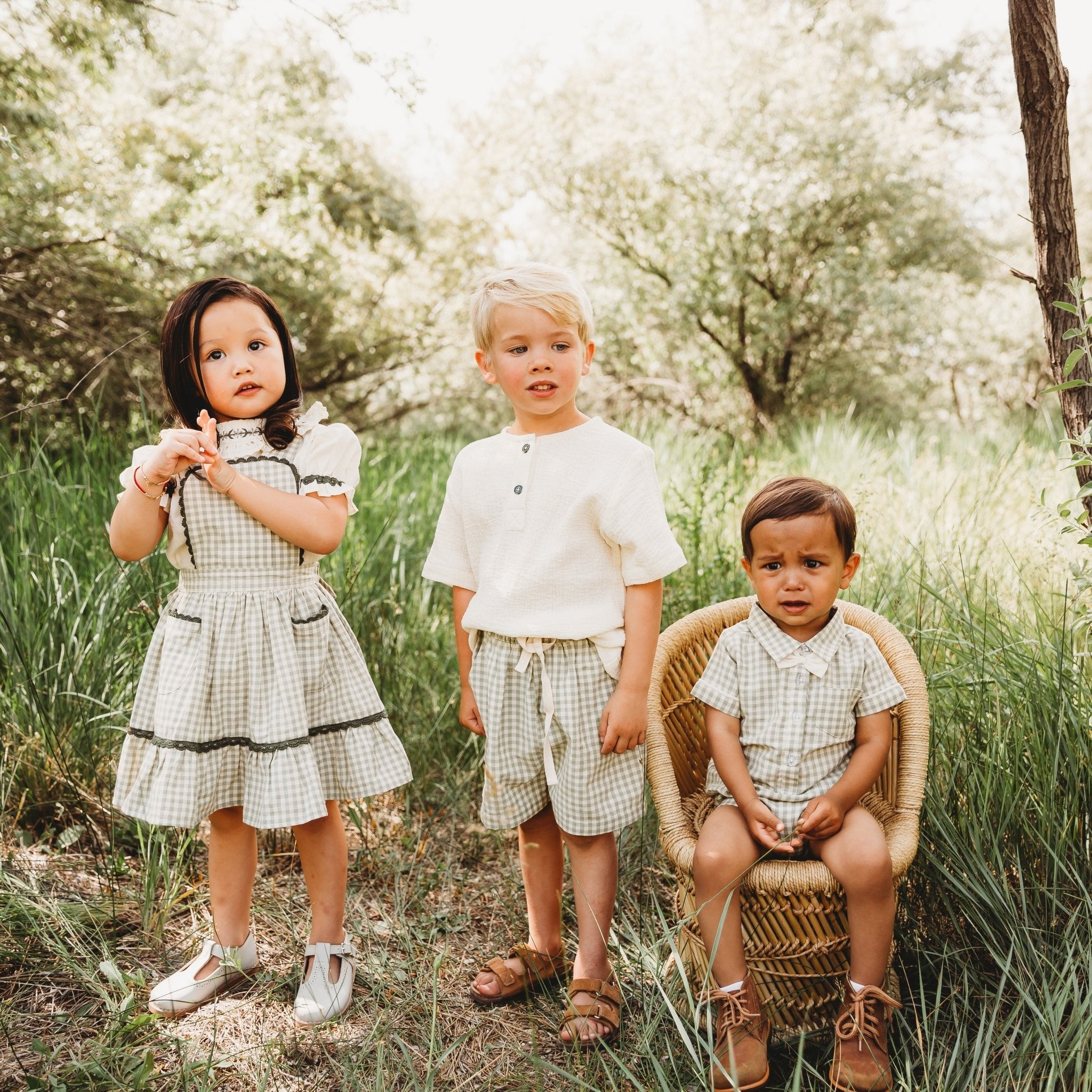 Three Little Tots Green Gingham Pinafore Set Girls' Embroidered Blouse and Dress, another angle