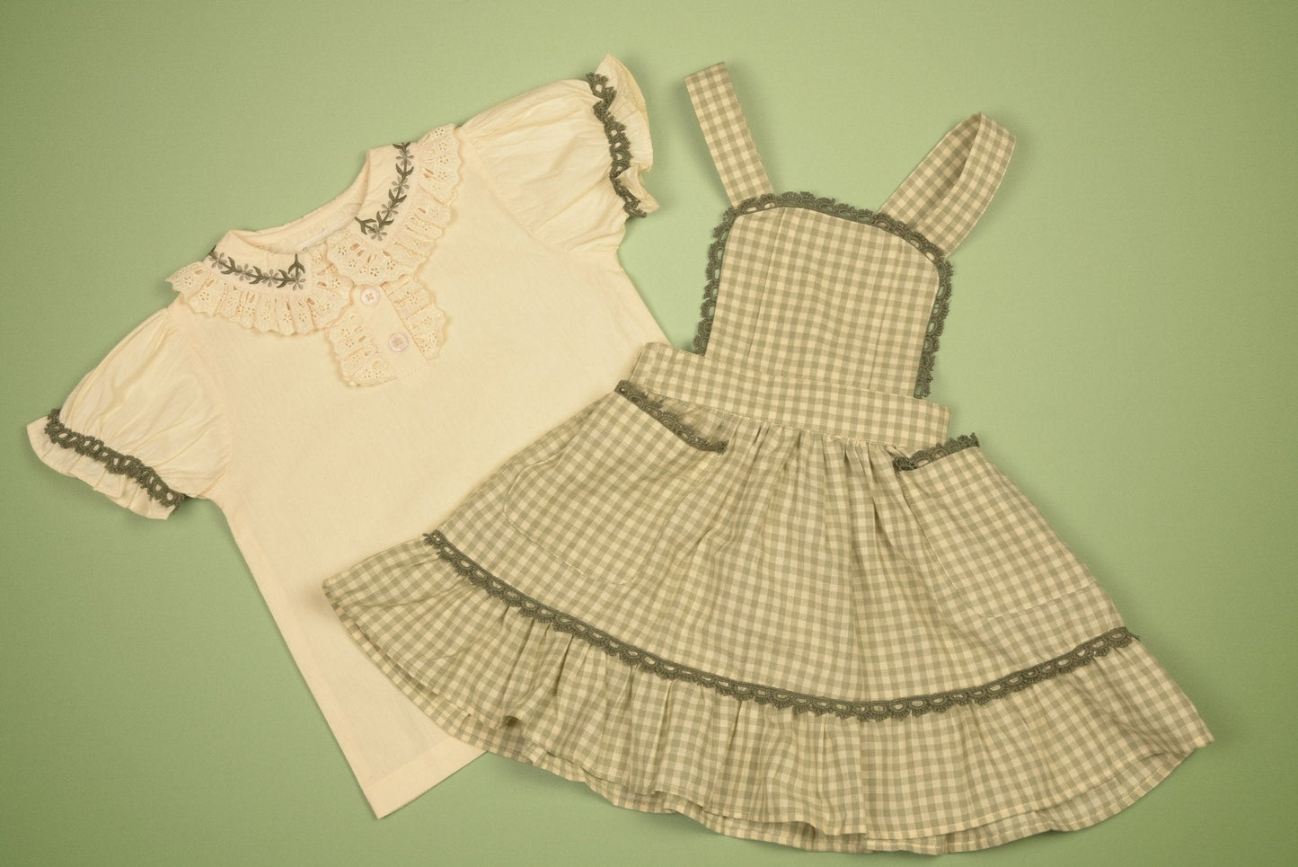 Three Little Tots Green Gingham Pinafore Set Girls' Embroidered Blouse and Dress, additional product photo
