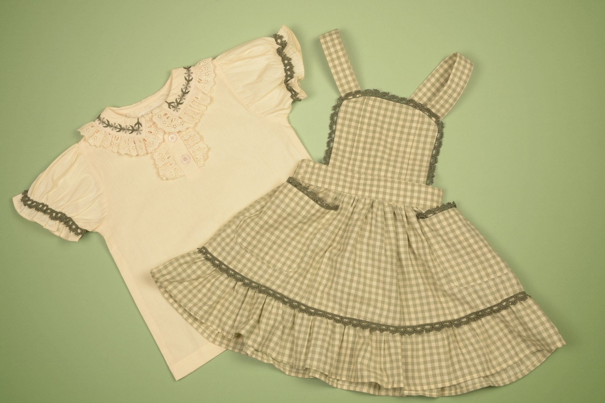 Three Little Tots Green Gingham Pinafore Set Girls' Embroidered Blouse and Dress, additional product photo