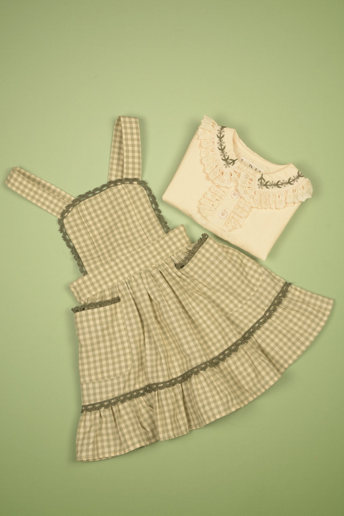 Three Little Tots Green Gingham Pinafore Set Girls' Embroidered Blouse and Dress, alternate angle