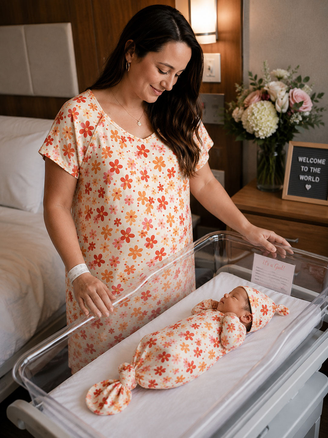 Groovy Floral Mommy & Me Matching Labor Gown and Newborn Knotted Baby Gown