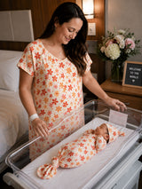 Groovy Floral Mommy & Me Matching Labor Gown and Newborn Knotted Baby Gown