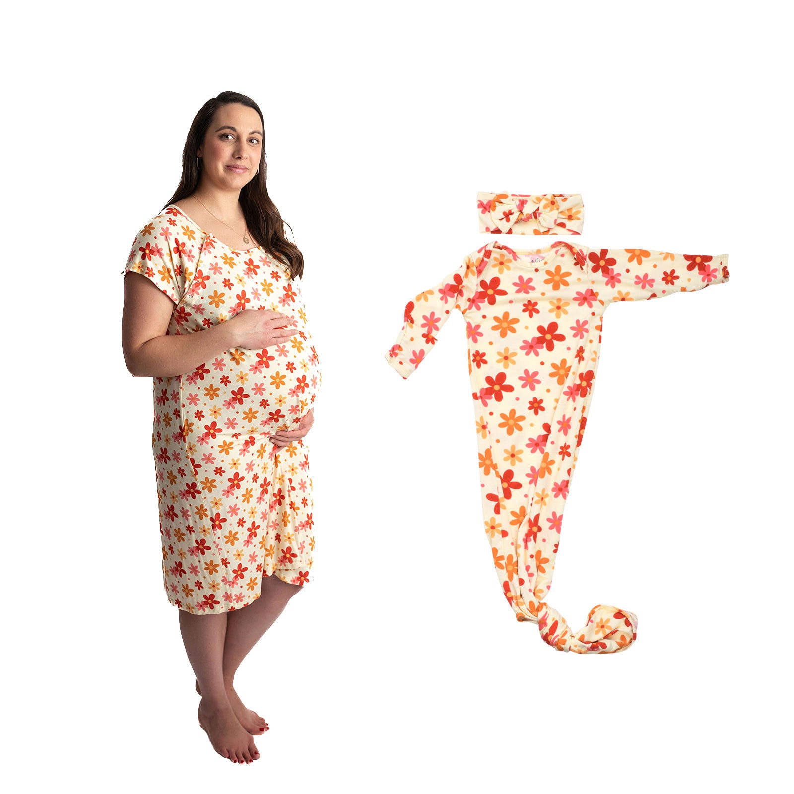 Groovy Floral Mommy & Me Matching Labor Gown and Newborn Knotted Baby Gown