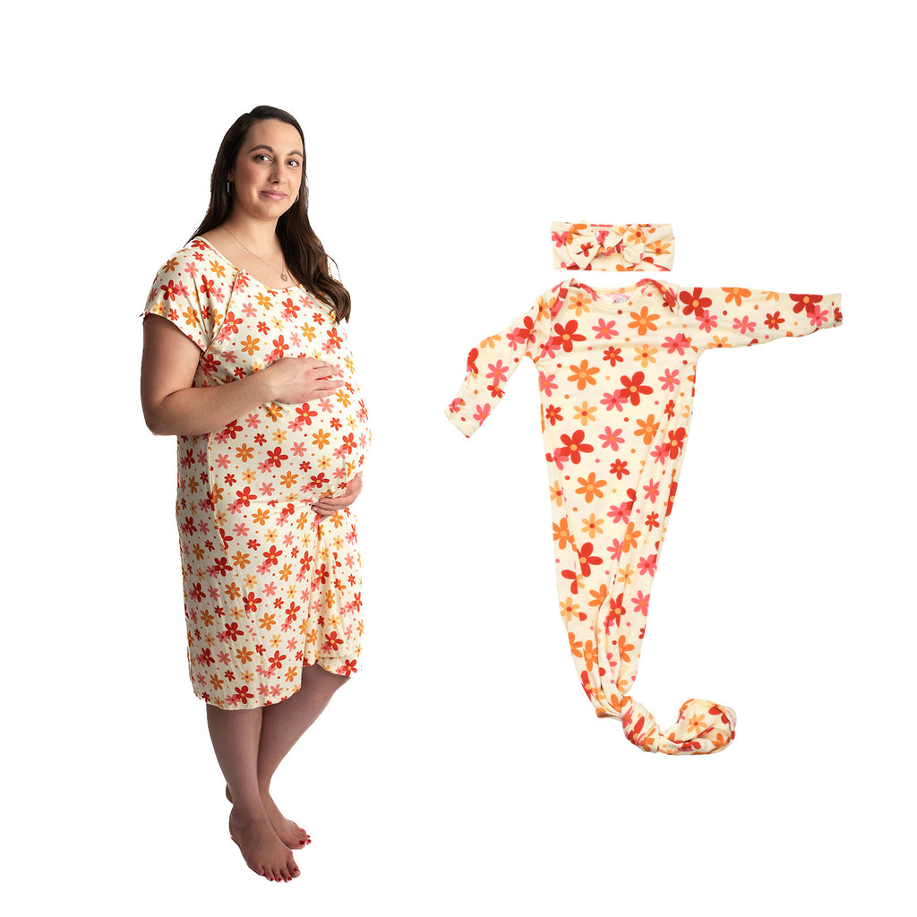 Groovy Floral Mommy & Me Matching Labor Gown and Newborn Knotted Baby Gown