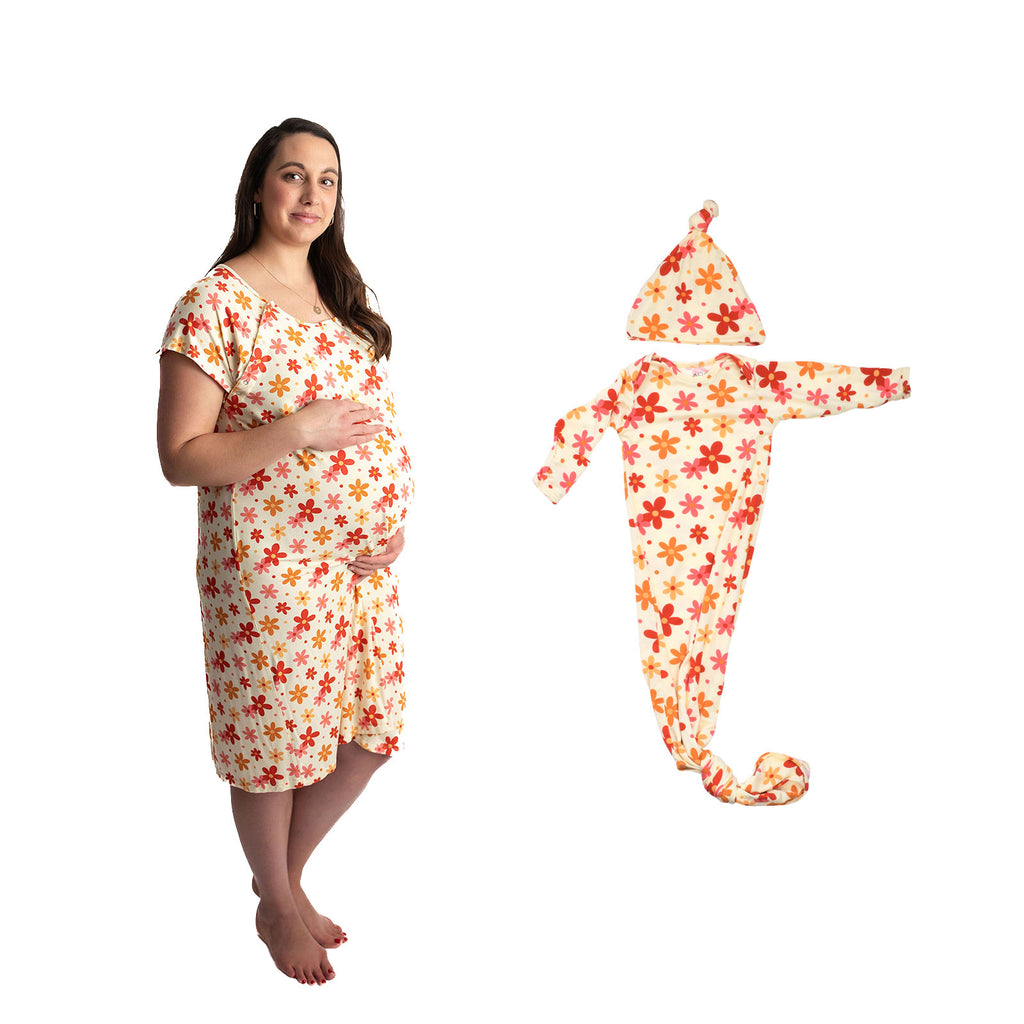 Groovy Floral Mommy & Me Matching Labor Gown and Newborn Knotted Baby Gown
