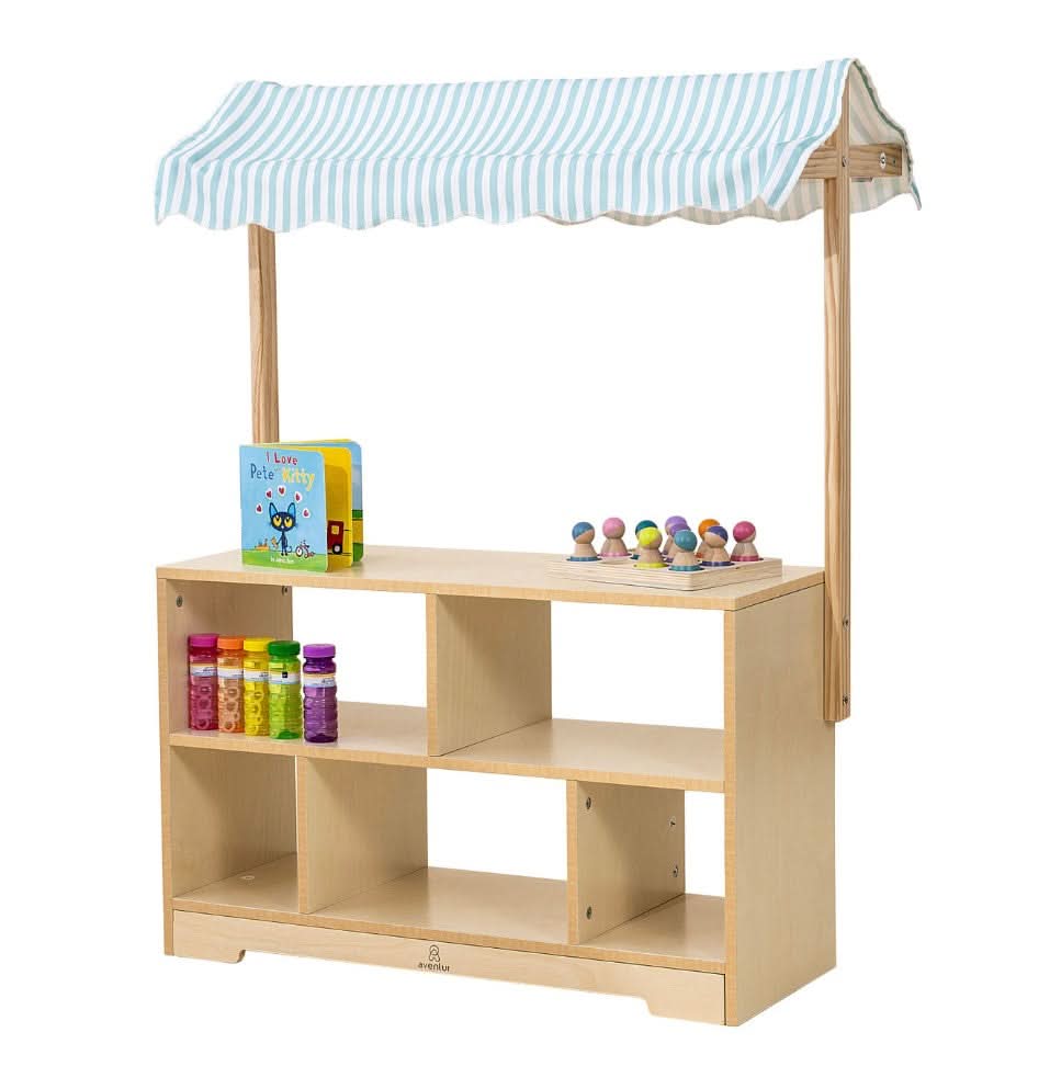 Three Little Tots Holly Wooden Market Stand Kids' Pretend Play Shop and Display Shelf, alternate angle