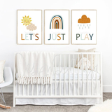 "Let's Just Play" - Sunshine, Rainbow, Clouds Playroom Set - Luster Paper Nursery Wall Art Prints