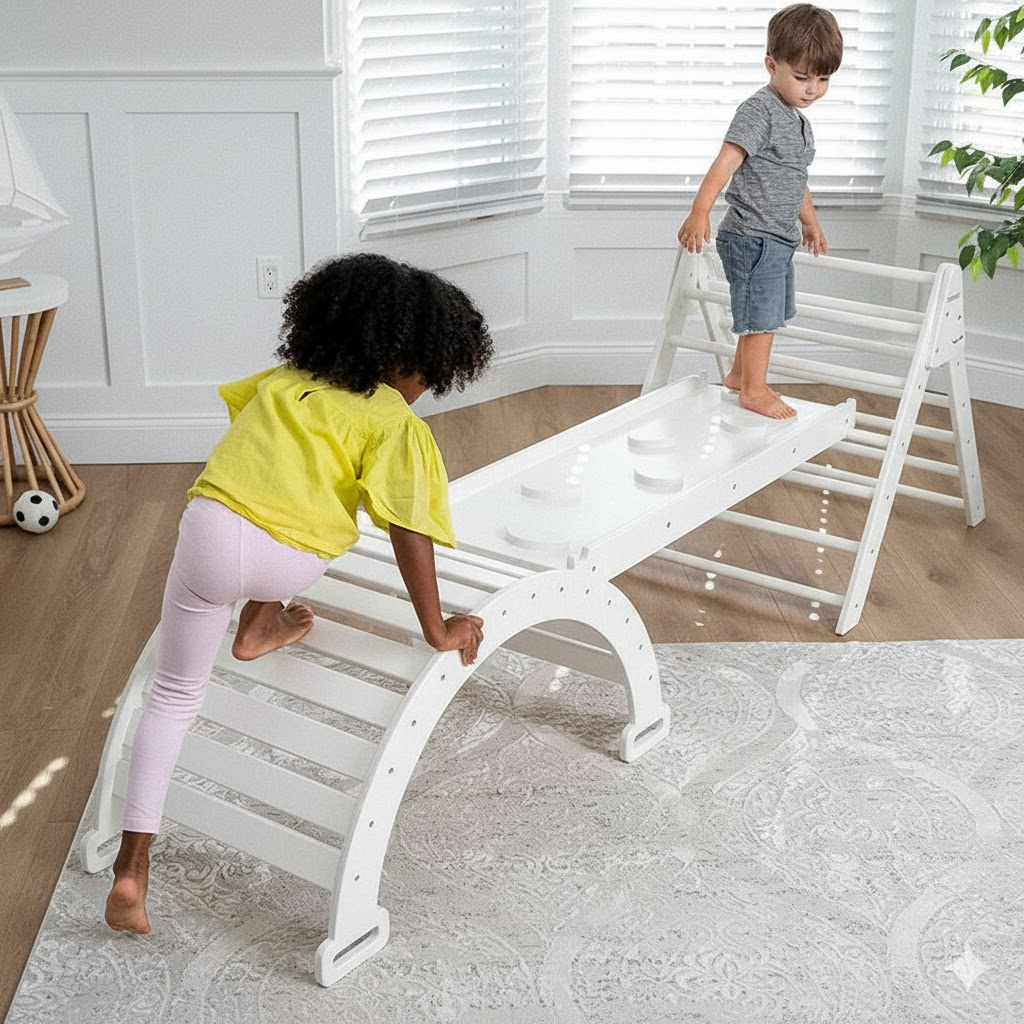 Three Little Tots Hazel Pikler Triangle Slide and Rocker Set, in White