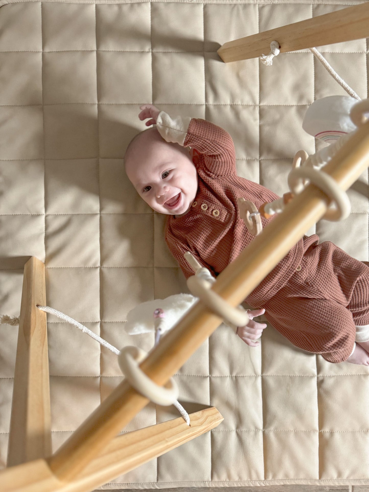 Three Little Tots Lilac Wooden Baby Gym Montessori Infant Play Gym with Hanging Toys, fifth additional photo