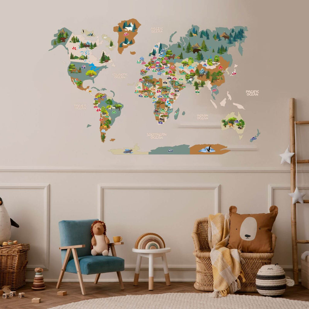 Kids World Map Khaki