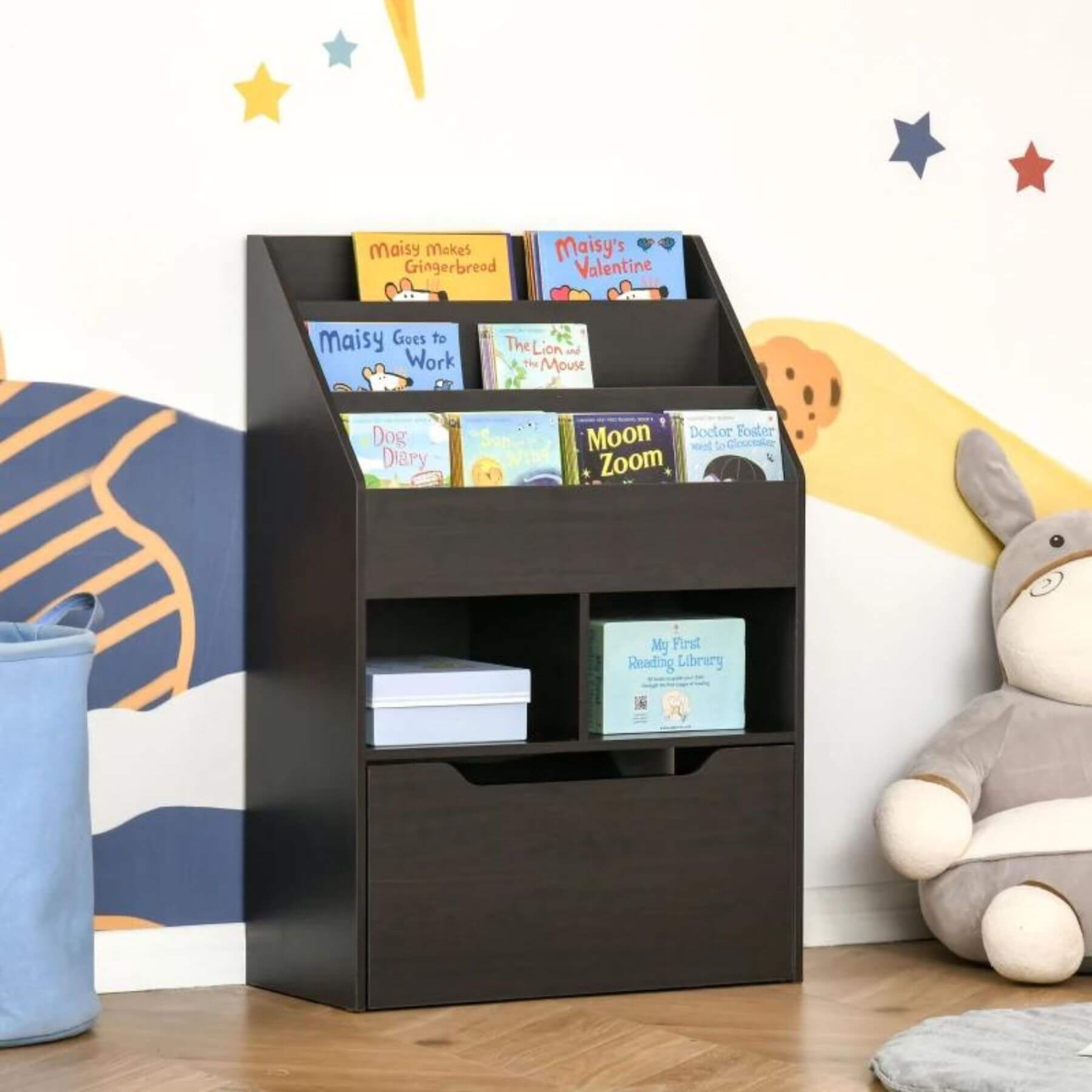 HOMCOM Kids Bookcase Multi-Shelf Book Rack with Mobile Drawer, Brown
