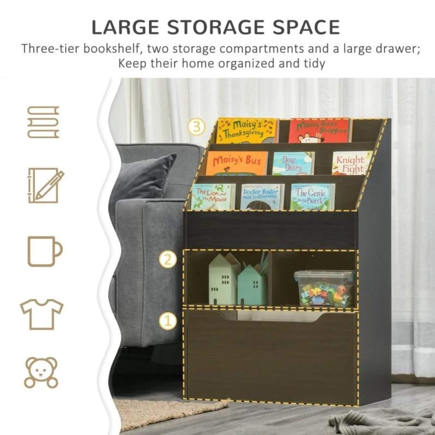 HOMCOM Kids Bookcase Multi-Shelf Book Rack with Mobile Drawer, Brown