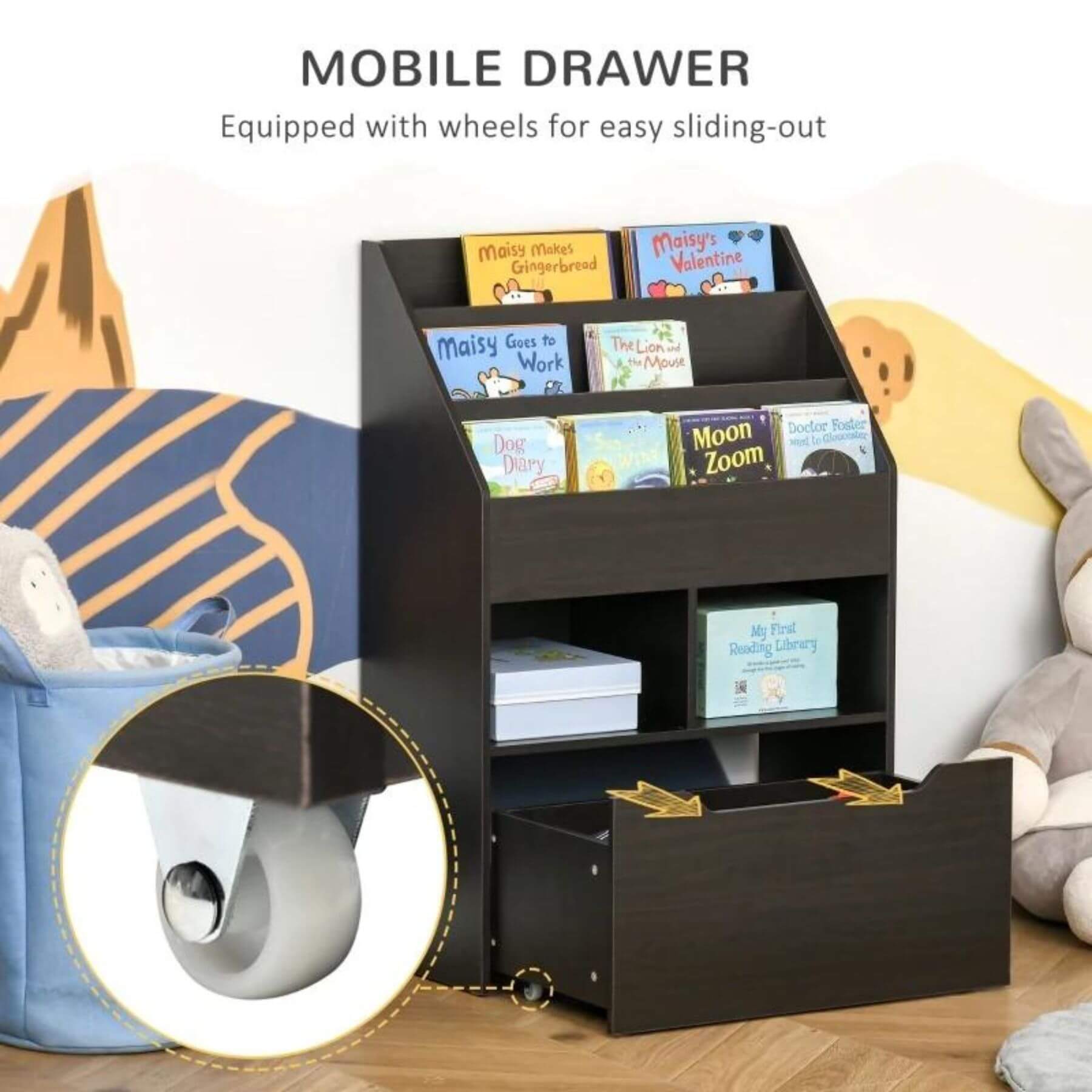 HOMCOM Kids Bookcase Multi-Shelf Book Rack with Mobile Drawer, Brown