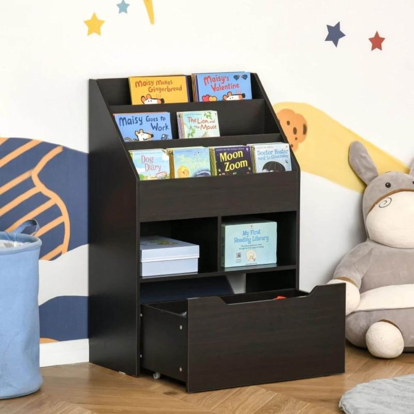 HOMCOM Kids Bookcase Multi-Shelf Book Rack with Mobile Drawer, Brown