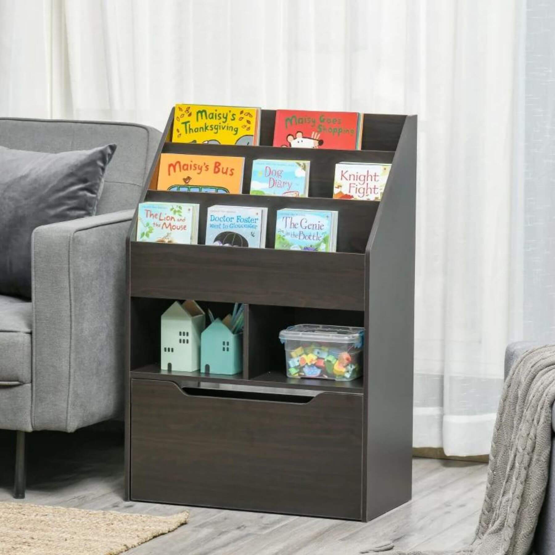 HOMCOM Kids Bookcase Multi-Shelf Book Rack with Mobile Drawer, Brown