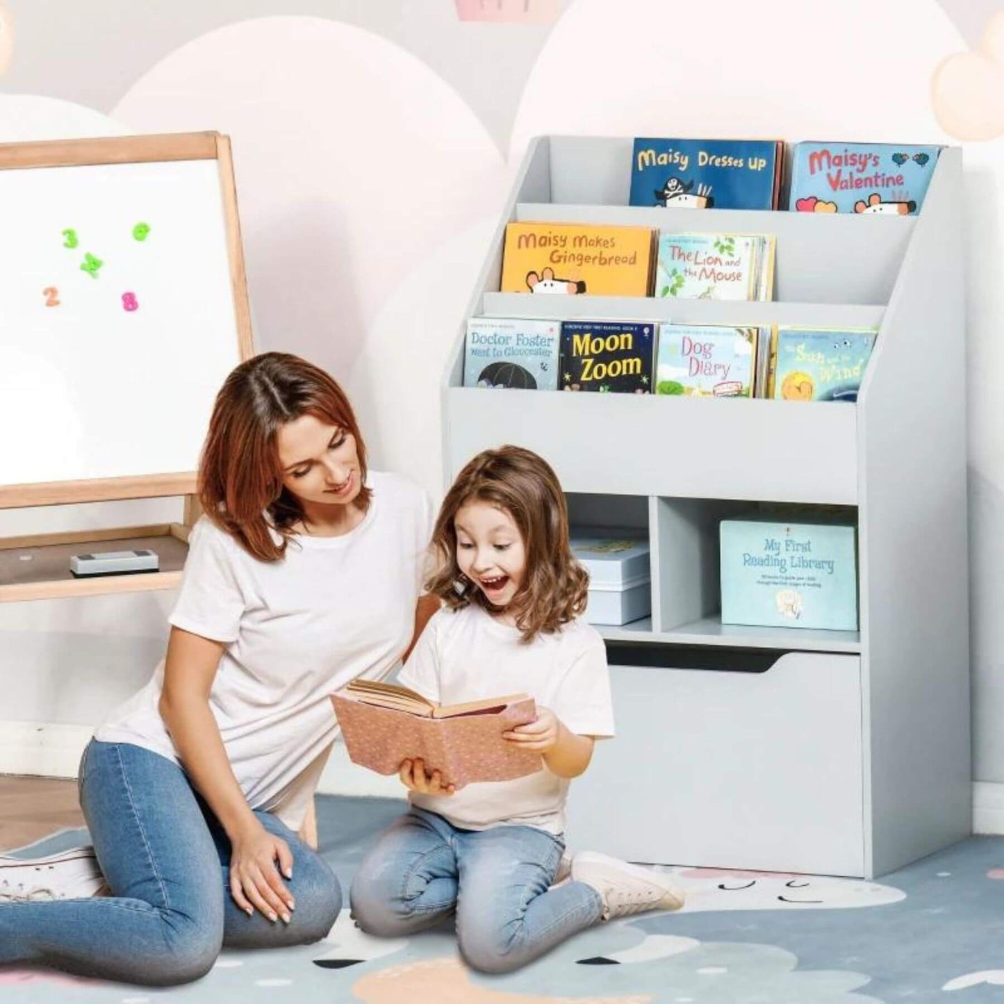 HOMCOM Kids Bookcase Multi-Shelf Book Rack with Mobile Drawer, Gray