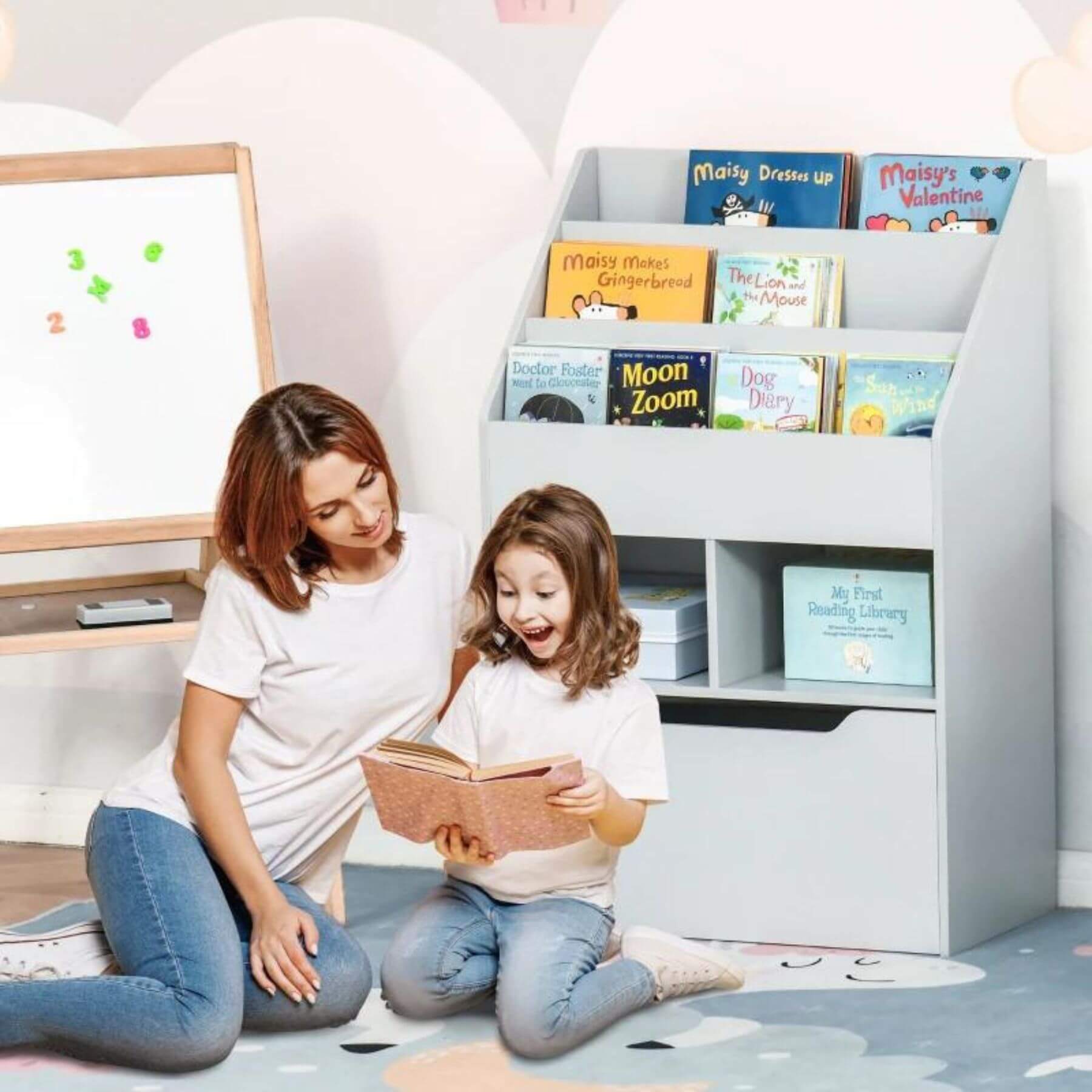 HOMCOM Kids Bookcase Multi-Shelf Book Rack with Mobile Drawer, Gray