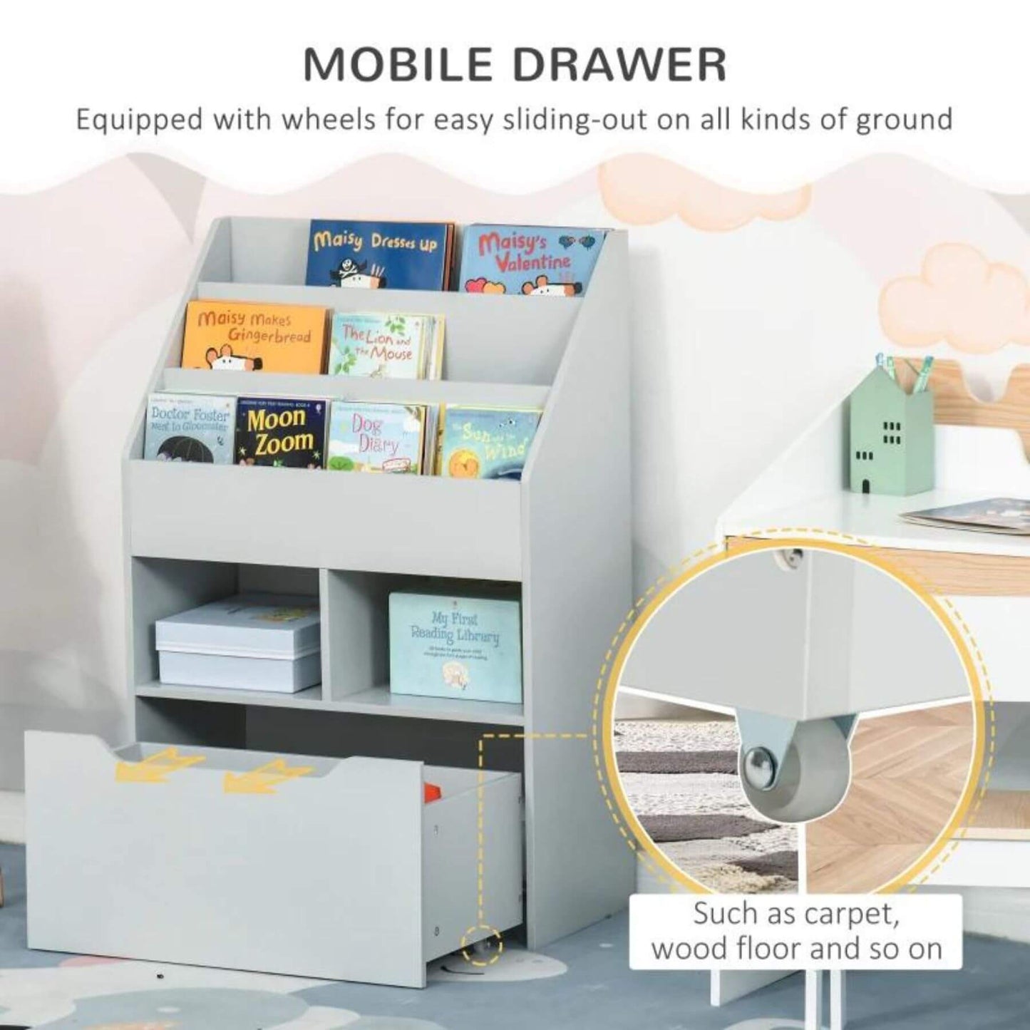HOMCOM Kids Bookcase Multi-Shelf Book Rack with Mobile Drawer, Gray