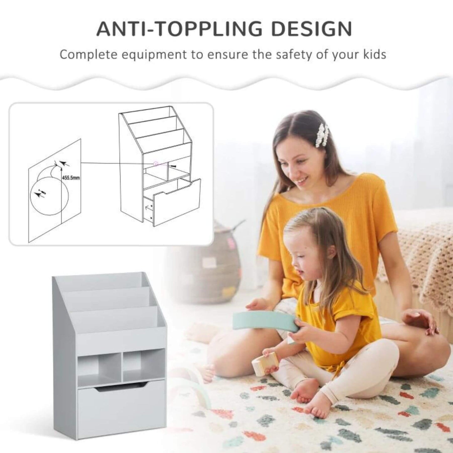 HOMCOM Kids Bookcase Multi-Shelf Book Rack with Mobile Drawer, Gray