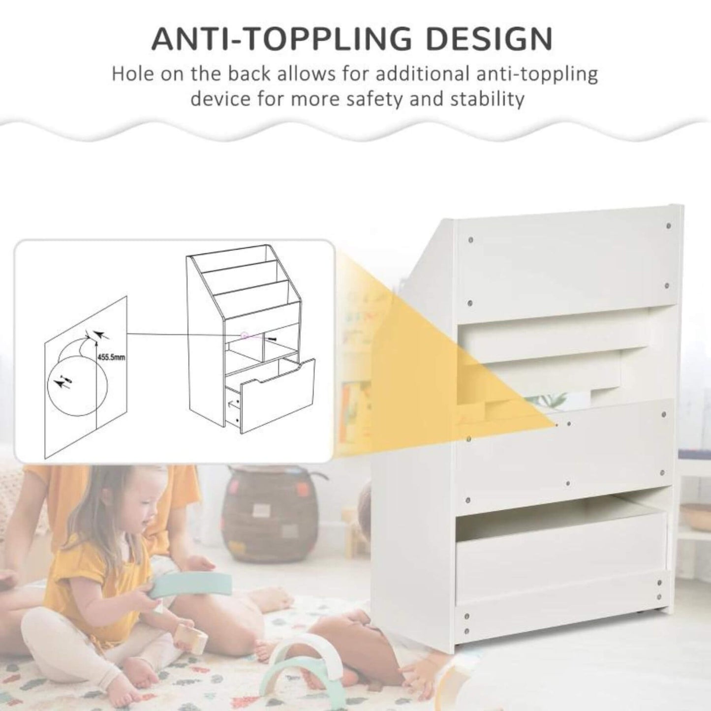 HOMCOM Kids Bookcase Multi-Shelf Book Rack with Mobile Drawer, White