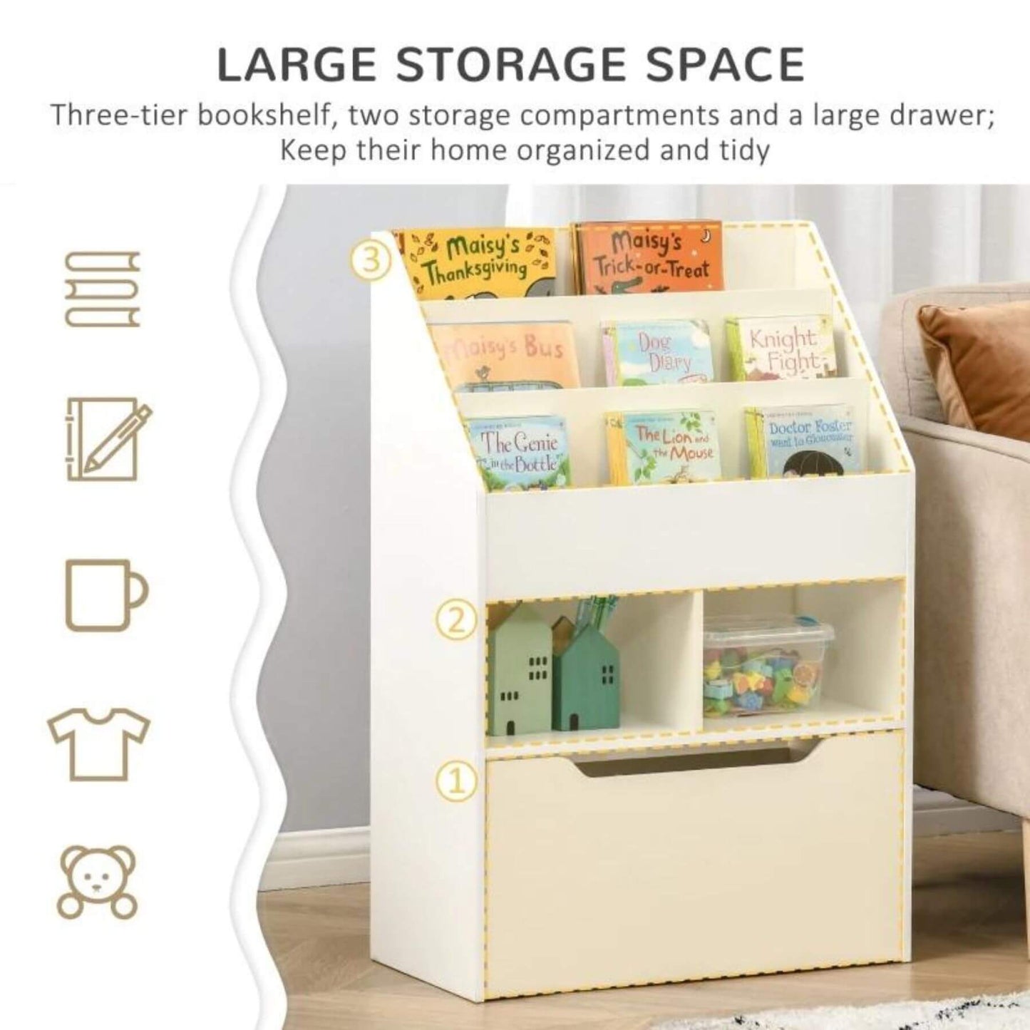 HOMCOM Kids Bookcase Multi-Shelf Book Rack with Mobile Drawer, White