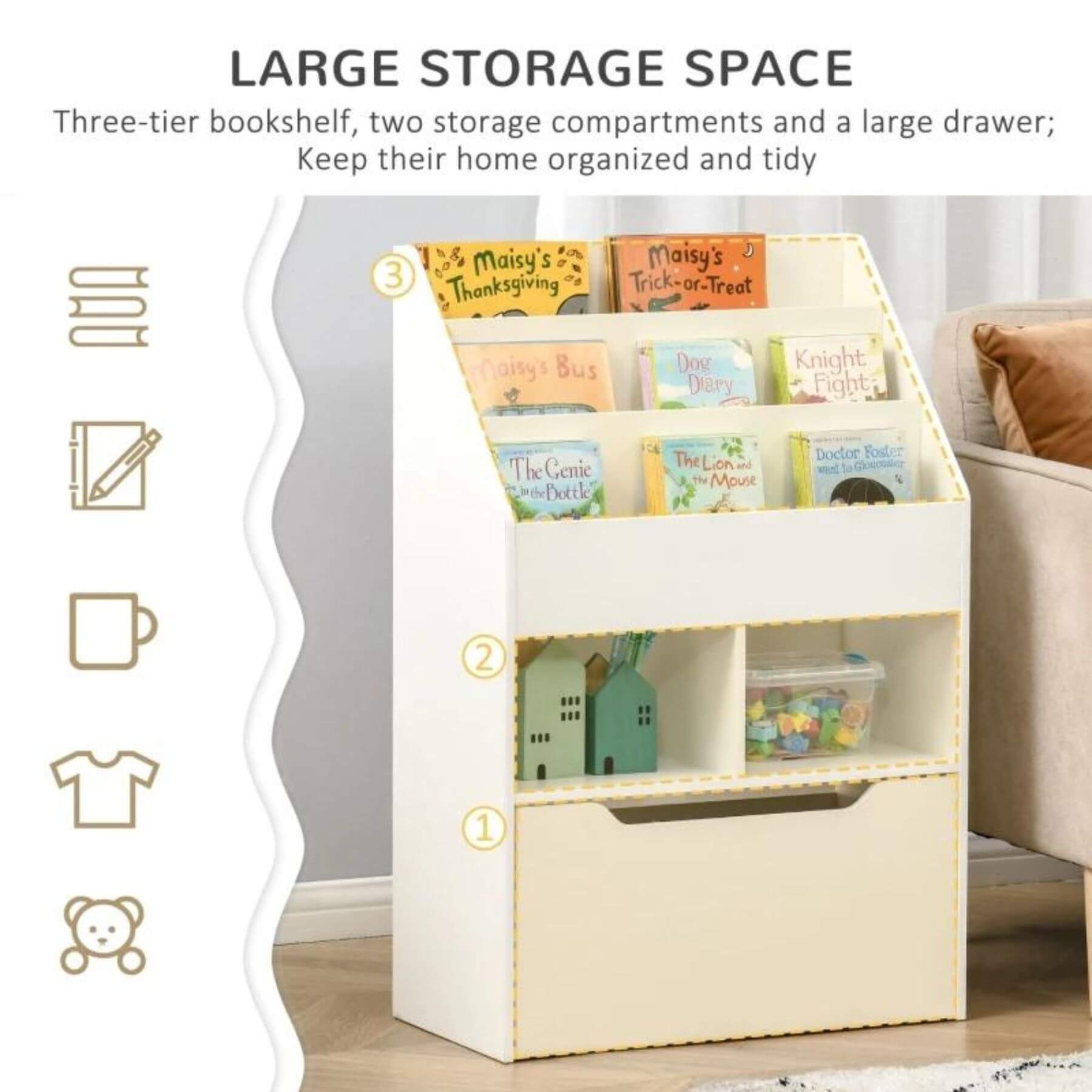 HOMCOM Kids Bookcase Multi-Shelf Book Rack with Mobile Drawer, White