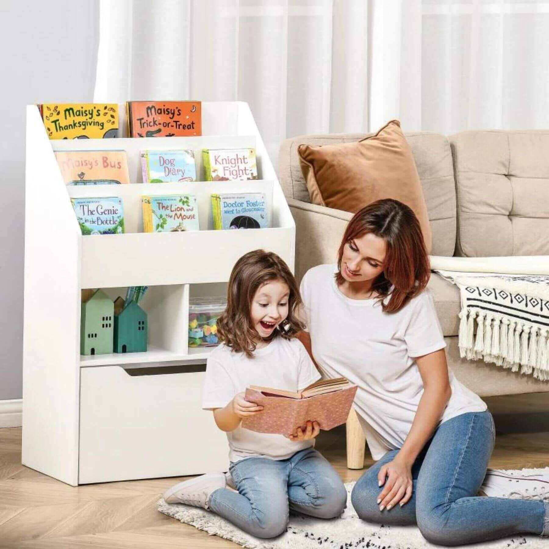 HOMCOM Kids Bookcase Multi-Shelf Book Rack with Mobile Drawer, White